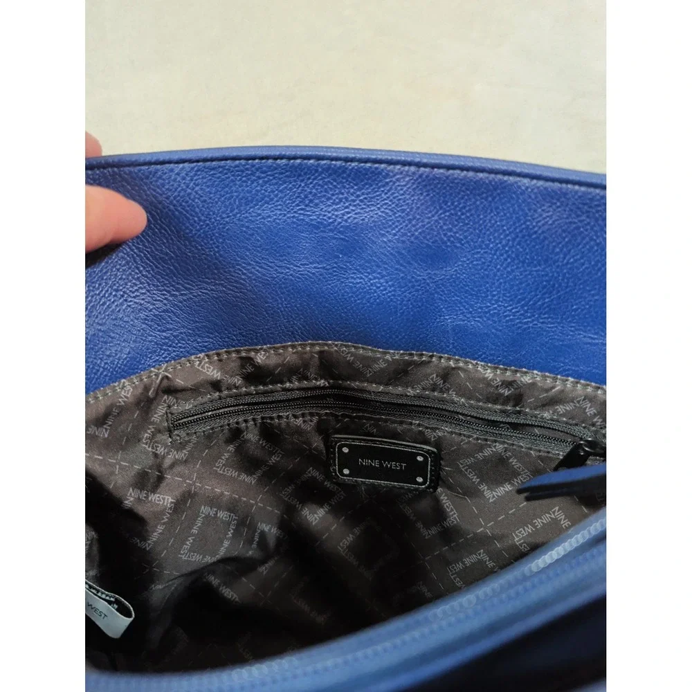Nine West Navy‎ Blue Pebbled Faux Leather Tote Crossbody Handbag Gold Hardware